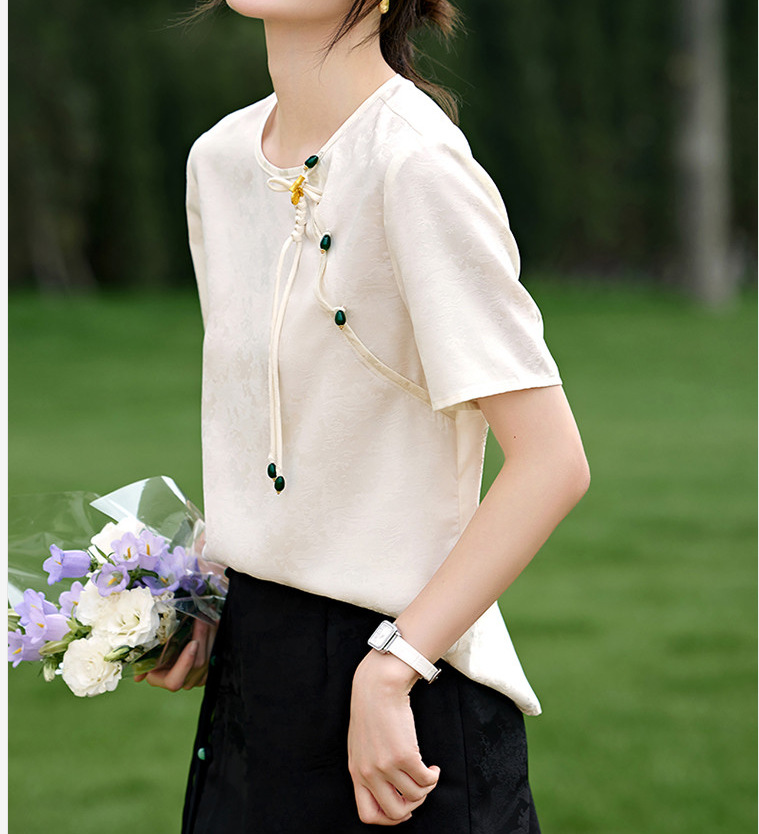 Áo sơ mi nữ satin jacquard phong cách Trung Quốc tay ngắn thanh lịch — màu trắng ngà chi tiết 5