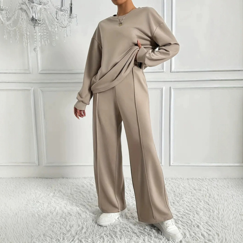 European and American Cross-Border Ins Style Hot-Selling New Pure Color Round Neck Long-Sleeved Pants Suit Women's Elegant Two-Piece Set Ready for Sale