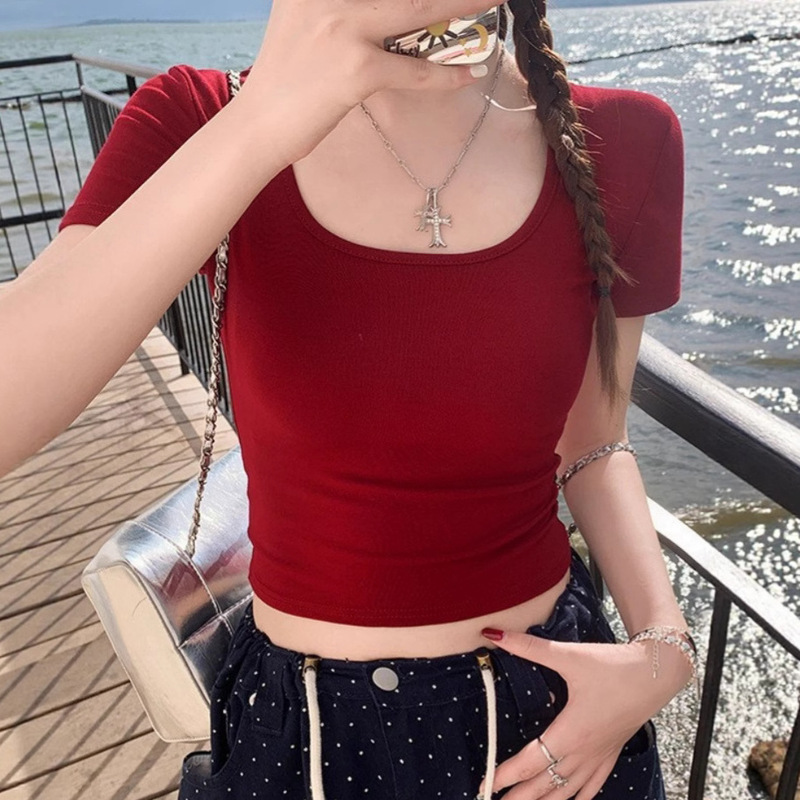 Fashionable and Simple Short-Sleeved Off-Shoulder T-Shirt for Women in Summer, Pure and Sexy, Slim-Fitting, Large Neckline, Short Tight-Fitting Top