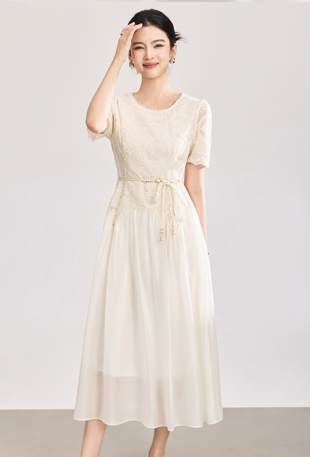 Đầm nữ tay ngắn thêu sequin cotton, thắt lưng eo phong cách Pháp — màu mơ chi tiết 2