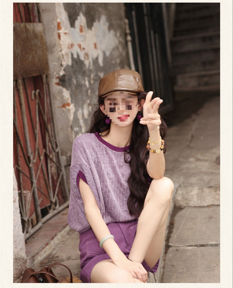 Bộ áo thun ngắn tay cổ tròn phối quần short jean ống rộng nữ — Áo ngắn tay+quần jean rộng, Áo ngắn tay, Quần jean rộng màu tím chi tiết 11
