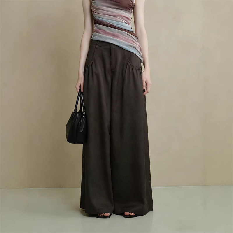 Old Money Style Soft Breathable Pocket Pleated Design High-Waisted Versatile Loose Wide-Leg Pants for Women Brown Casual Pants Long Pants Old Money Style Soft Breathable Pocket Pleated Design High-Waisted Versatile Loose Wide-Leg Pants for Women Brown Casual Pants Long Pants