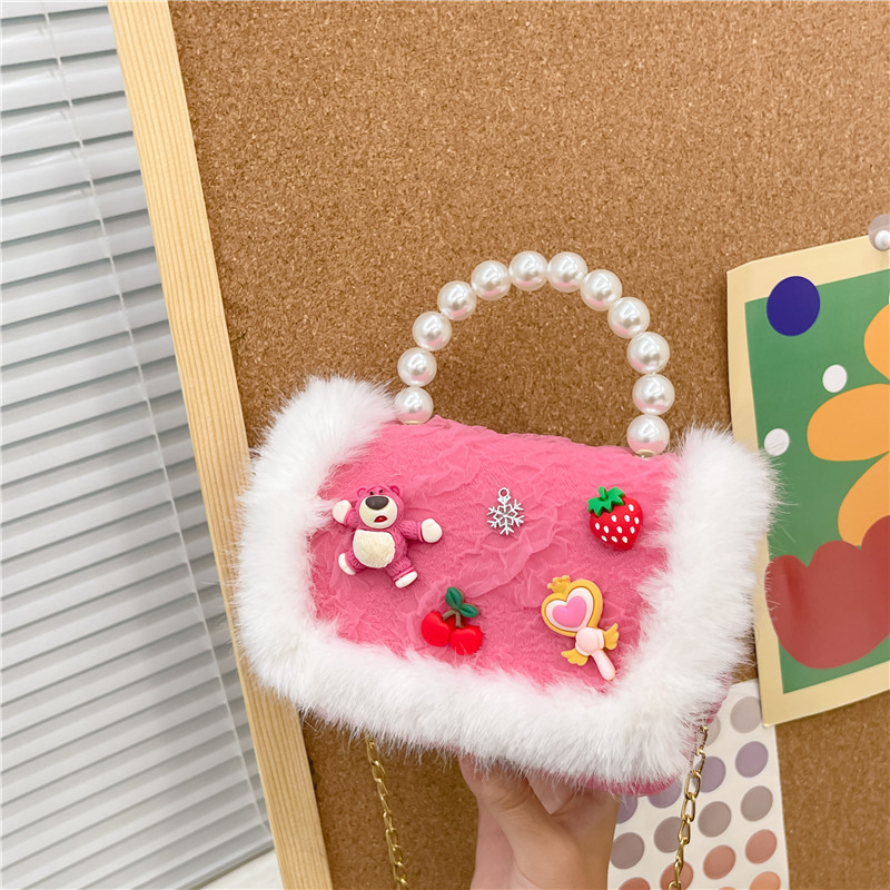 Bolso de princesa de las niñas al por mayor estilo coreano perla bolso peludo estilo Chanel hombro mensajero bolsa accesorios monedero