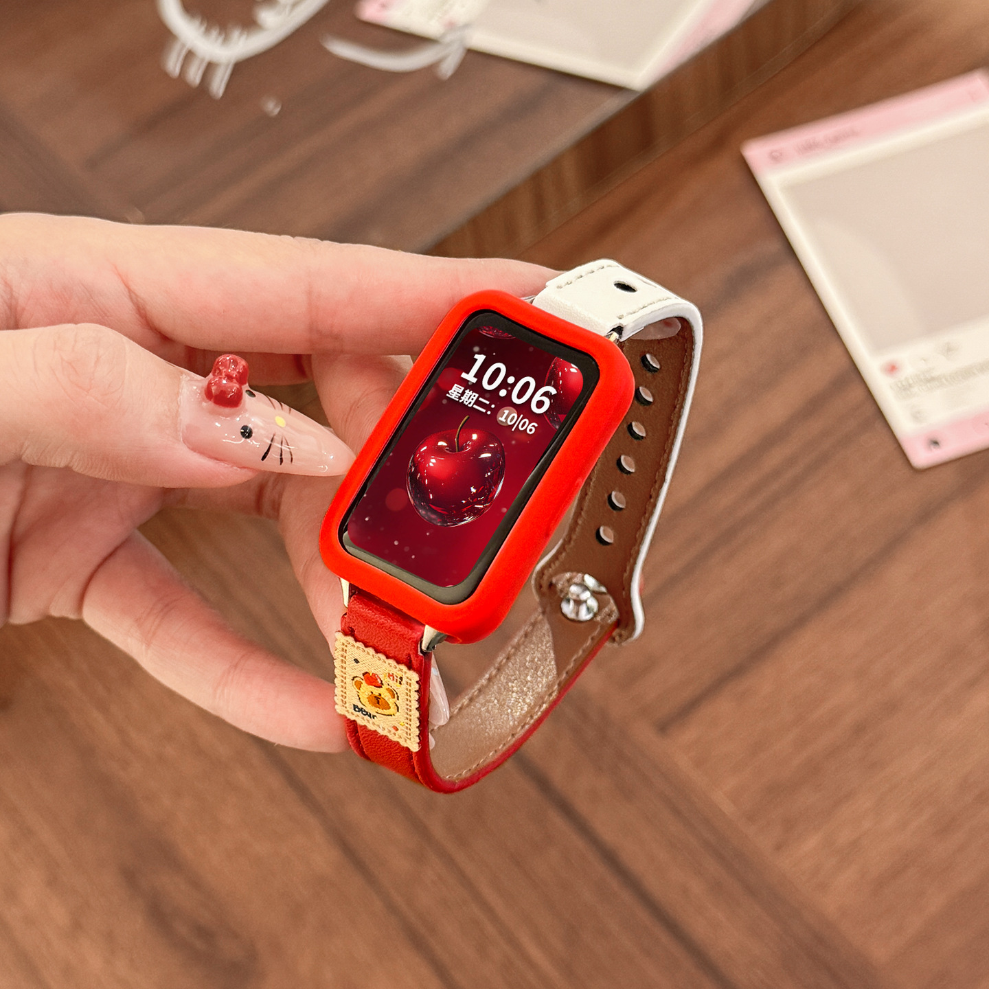 Suitable for Huawei Band 10 Strap, New Model 9, Red Apple Microfiber Leather Wristband, Honor 10 Premium 9 Women's Model for Summer