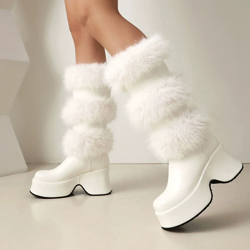 Зимние кожаные сапоги, высокие туфли, толстые подошвы, высокие каблуки, снежные сапоги, ватные сапоги, толстые бархатные белые сапоги