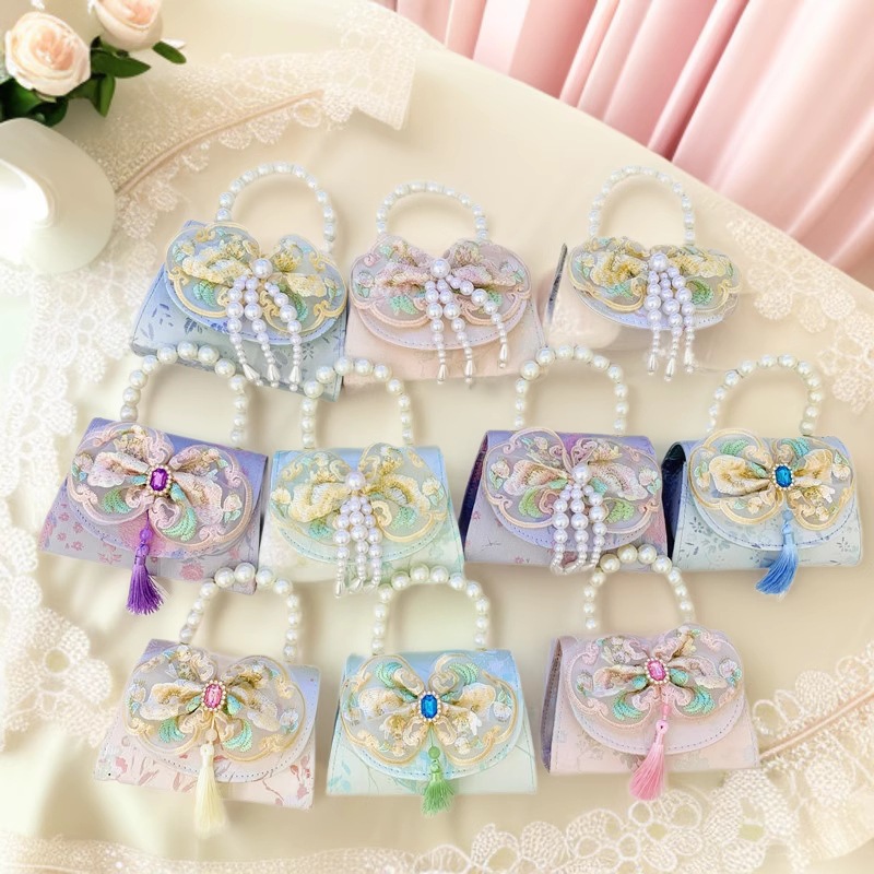 Hermoso bolso de arco de perla para niños nuevo estilo antiguo bolso de borda estilo chino colorido bolso de hombro con diamantes