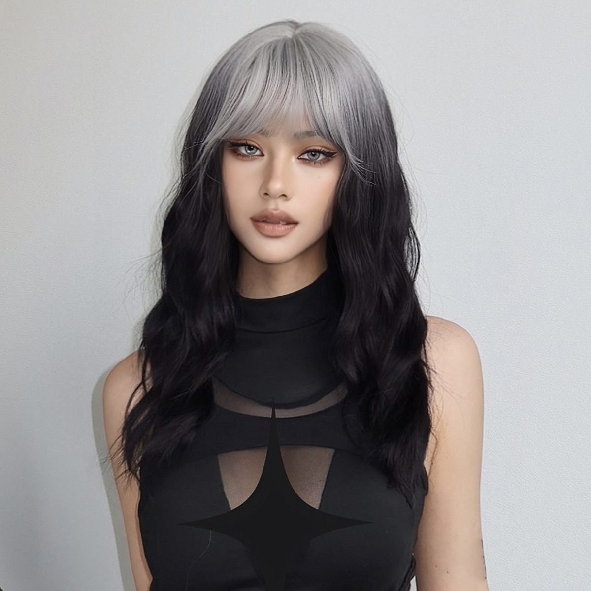 Perucas transfronterizas Qi franjas negras grises en la parte superior de la cabeza de cabello largo rizado completo cubierta de cabeza fábrica transfronterizas al por mayor wigs