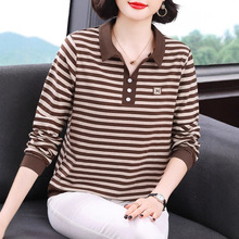 条纹长袖t恤女 2025秋装新款秋棉上衣中老年人妈妈翻领打底衫