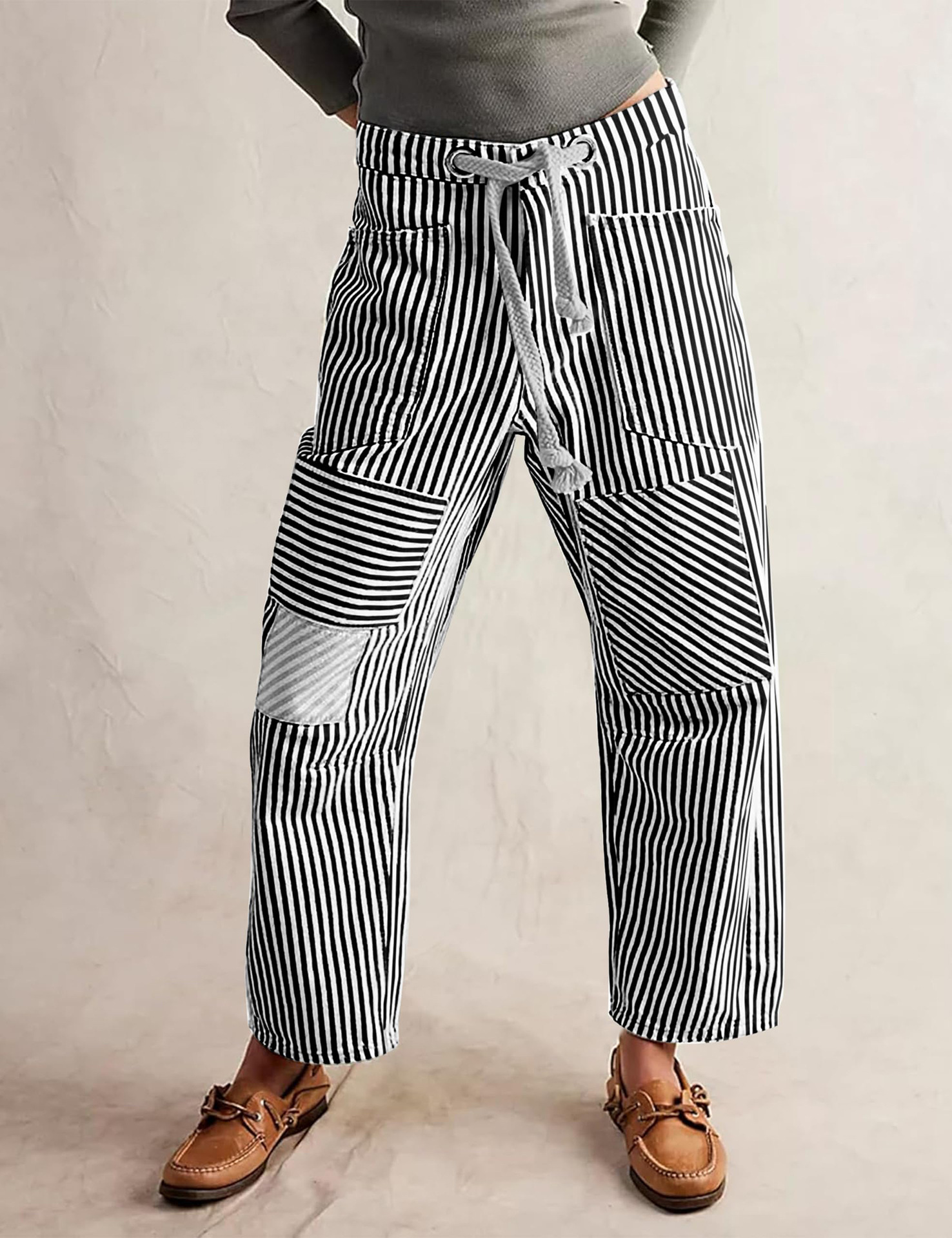 Pantalon tendance taille mi-haute, coupe ample, style décontracté, idéal pour les trajets quotidiens, à rayures, patchwork et poches à cordon._voghion.com