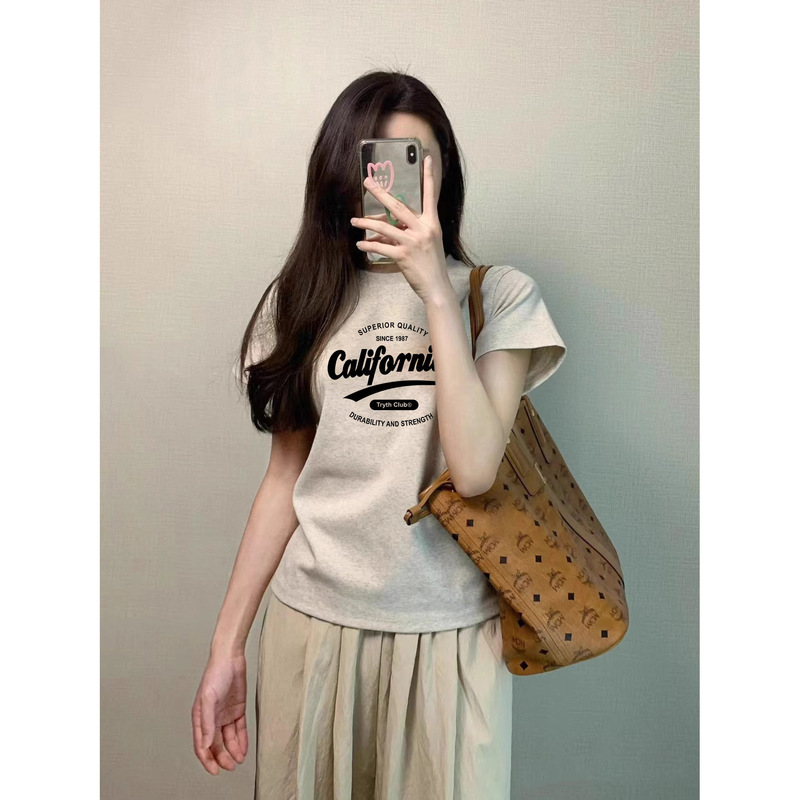 American-Style Printed Pure Cotton Short-Sleeve Women's Summer 2026 New Loose Niche Straight-Shoulder Top with Retro Design T-Shirt