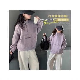 女童冬装一体绒立领半拉链卫衣2025新款中大童时髦仿羊绒宽松上衣