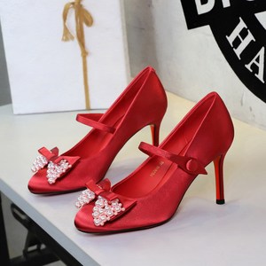 2615-H165 European and American Fashion Pearl Bow High Texture Silk One line Style with Stiletto High Heels Single Shoes