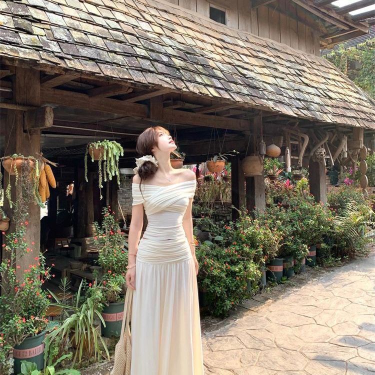 French Hot Girl One-Shoulder Suit Summer Long Skirt Gentle Slim Casual Slimming Skirt Two-Piece Top