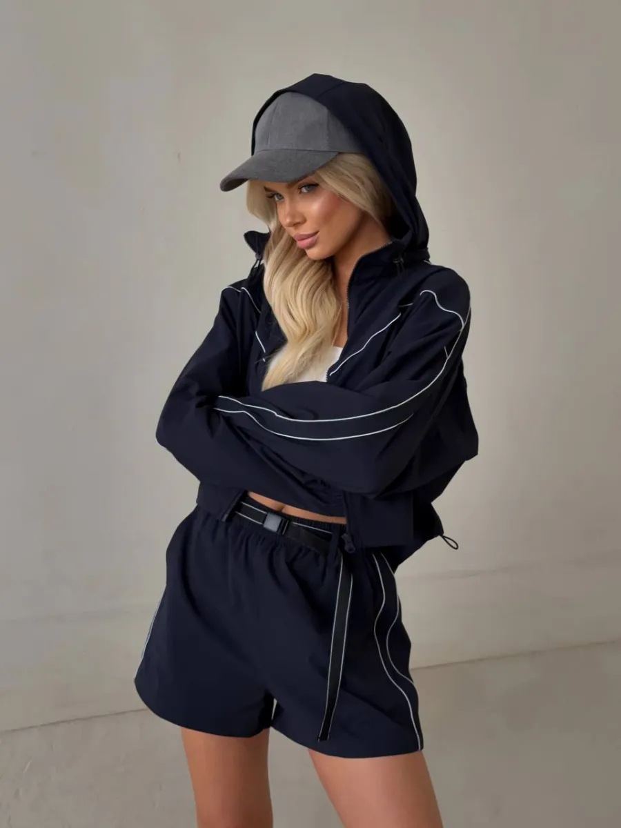 Women's Two Piece Set Solid Long Sleeve Zip Up Cardigan And Shorts_voghion.com