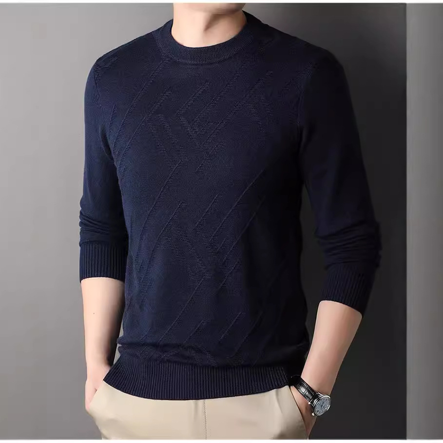 Suéter de hombre, camiseta de fondo, jersey Jacquard de color sólido, camiseta casual de mediana edad, cuello redondo, suéter casual de moda para hombres