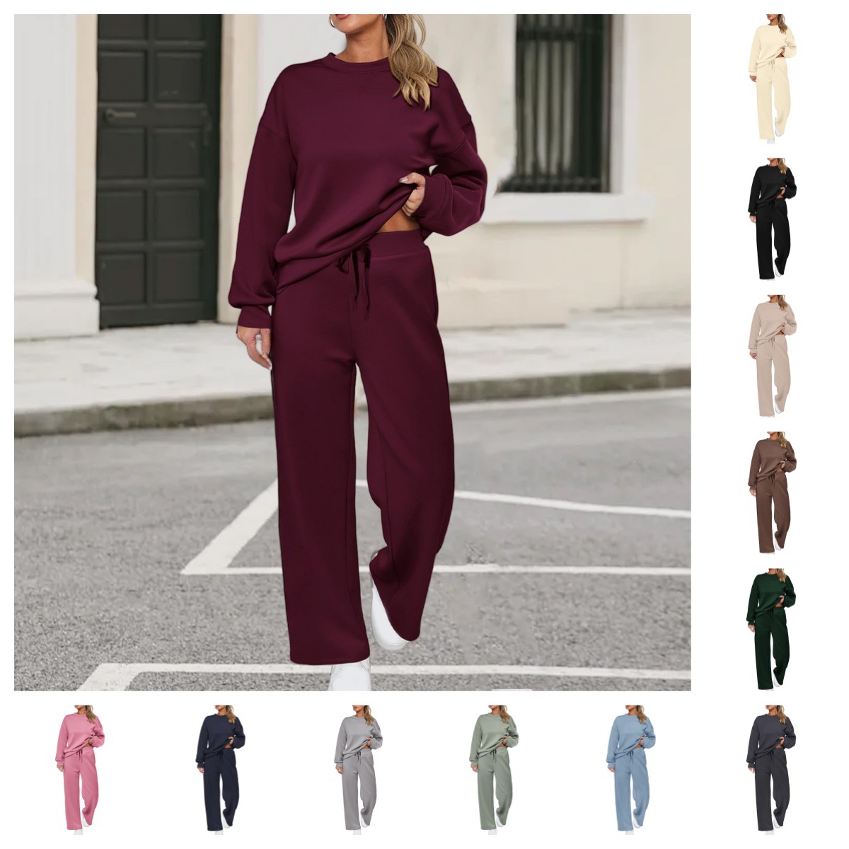 Cross-Border European and American Knitted Women's Two-Piece Long-Sleeved Tops and Casual Wide-Leg Pocket Trousers Sweatshirt Suit