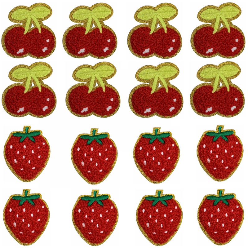 美新现货樱桃草莓雪尼尔金边刺绣布贴电脑绣花衣服箱包帽子补丁贴