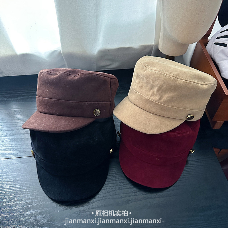 秋冬法式复古麂皮绒平顶海军帽百搭简约鸭舌帽时尚原宿风马术帽|undefined