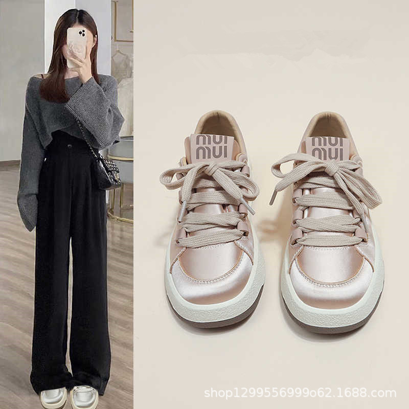 Clearance of Discontinued Sizes: Popular Pink Satin Thick-Soled Sneakers for Women, 2025 Spring New Style, Casual White Sneakers