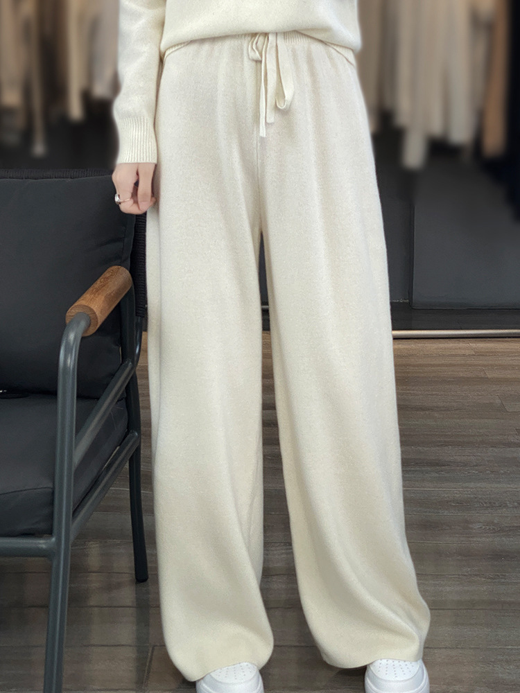 ウールのズボンの女性の秋冬の新型の純色の自然な腰のメリヤスは厚い広腿のズボンのカジュアルな垂感を厚くします。