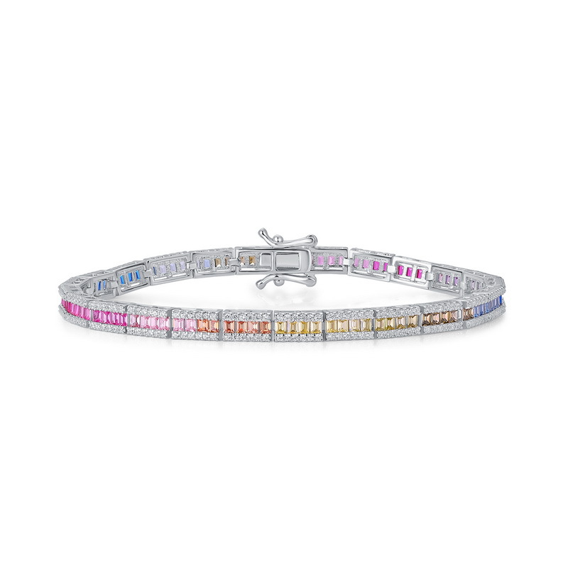 Nuevo estilo transfronterizo de lujo ligero de una sola fila de color brillante pulsera de circonio femenino S925 con incrustaciones de plata colorida joyería del tesoro de color arco iris estilo europeo y americano