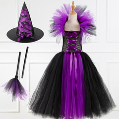 萬聖節歐美童裝長款女巫女童連衣裙送頭飾表演網紗禮服鬼節公主裙