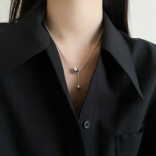 S925 Silver Fringe Round Bead Necklace for Women, Handmade Minimalist Geometric Clavicle Chain, Hip-Hop Punk Metal Rock Clavicle Chain