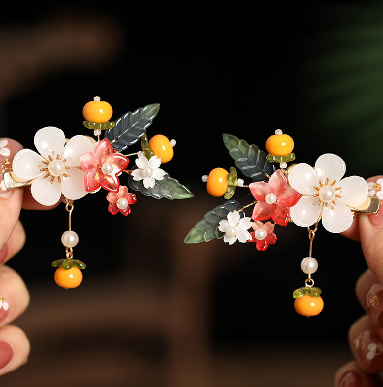 Persimmonförmige Haarspangen, 2 Stück, chinesischer Stil, Mädchen-Haarnadel für Hanfu-Dekor, Retro-Perlen-Blumen-Haarspangen, niedliche Neujahrs-Kopfbedeckung – Detail 1