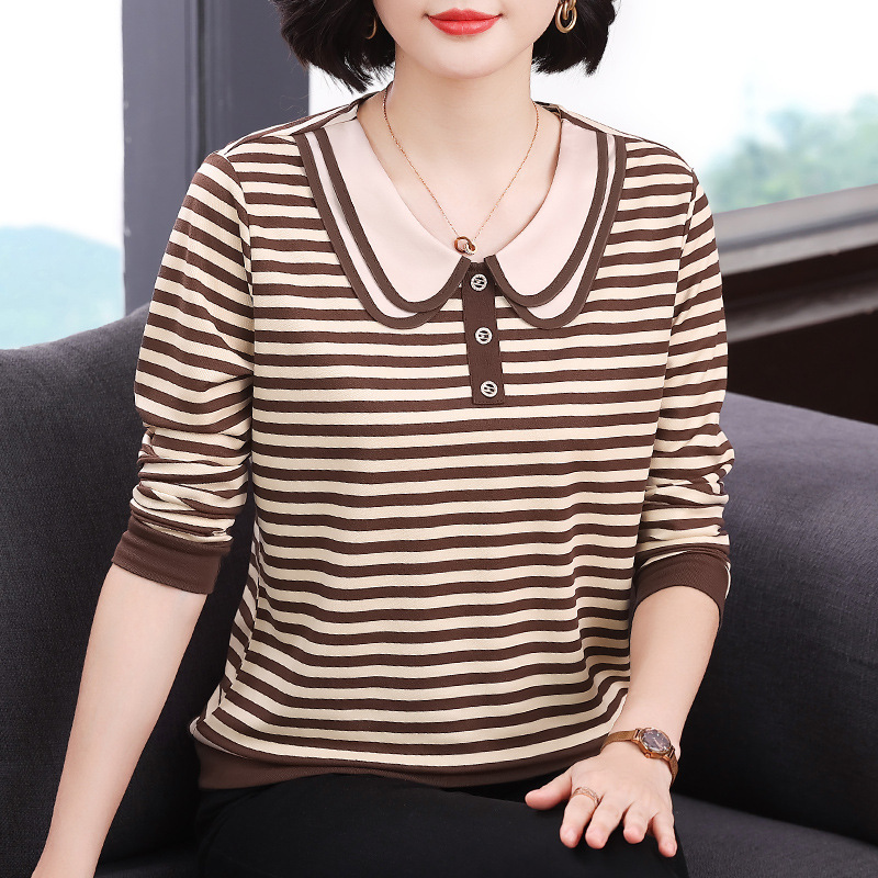 Mother's clothing 2026 autumn new style doll collar long-sleeve women's striped design loose-fitting age-reducing slimming patchwork top Mother's clothing 2026 autumn new style doll collar long-sleeve women's striped design loose-fitting age-reducing slimming patchwork top