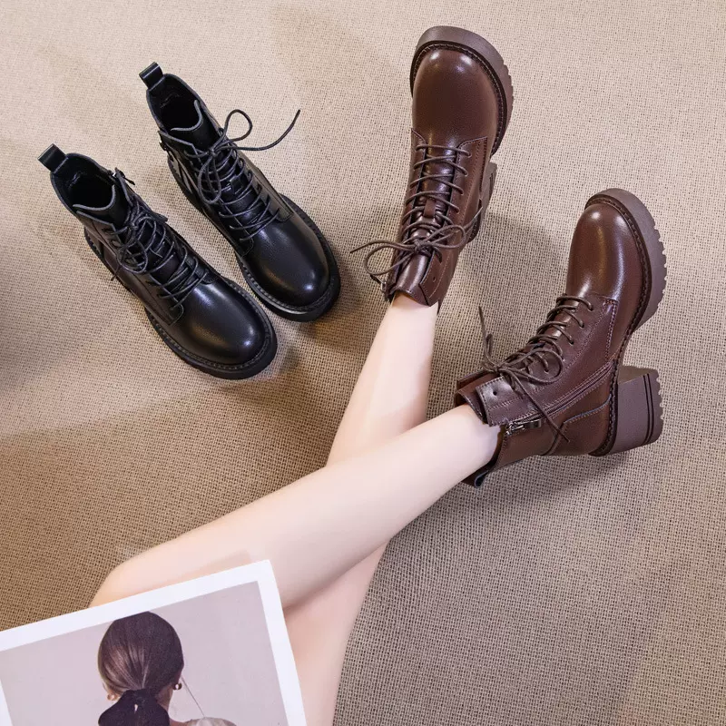牛皮厚底马丁靴女新款英伦风高跟粗跟短靴春秋单靴冬女款加绒靴子