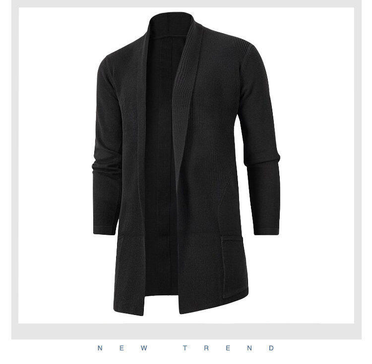 Herrenbekleidung Lässiger Herren-Strickcardigan mit langen Ärmeln und Reverskragen, schmal geschnittener, mittellanger Pullover mit offener Vorderseite für stilvolle urbane Kleidung_voghion.com
