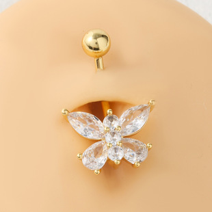 Amazon European and American Insect Piercing Jewelry Stainless Steel Butterfly Zircon Pendant Navel Ring Flying Butterfly Navel Button Navel Nail