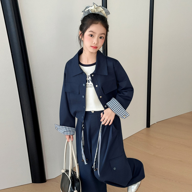 女童秋季休闲工装外套阔腿长裤三件套春秋中大童口袋阔腿裤夹克衫|undefined