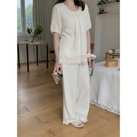 实拍2026夏季新款韩系棉双层剪花宽松家居服睡衣套装带发圈批发