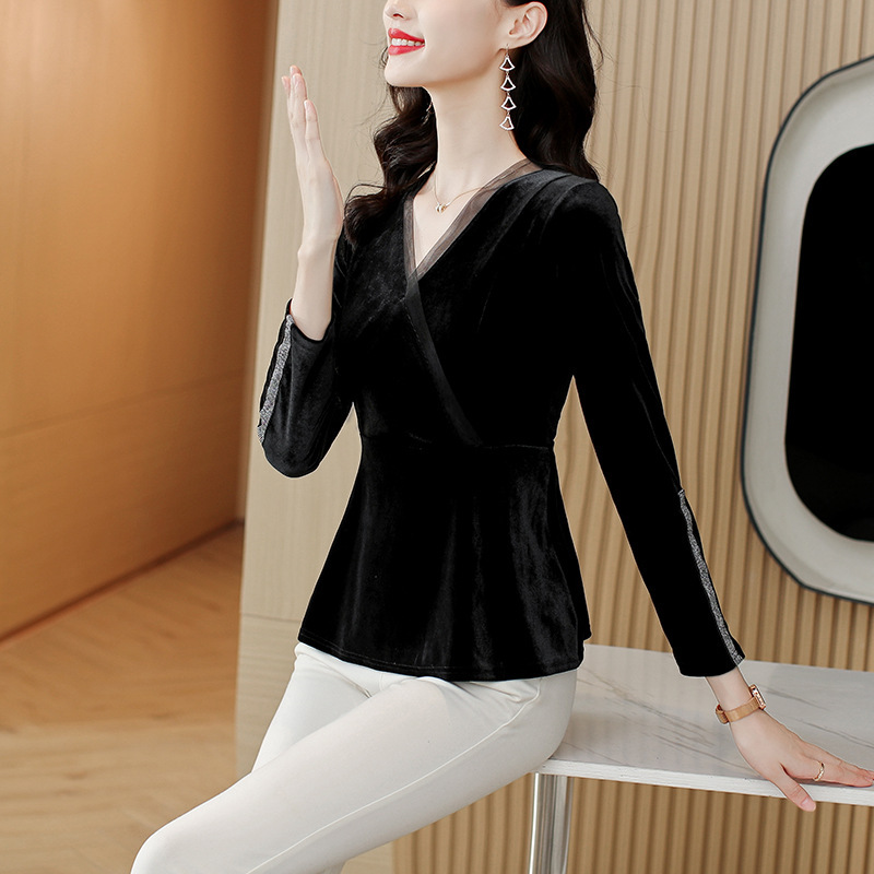 洋気金糸の底のシャツの女性の長袖の秋の服装の新型の修身はやせているtシャツのファッションの気質の交差するvネックの上着を現します。|undefined