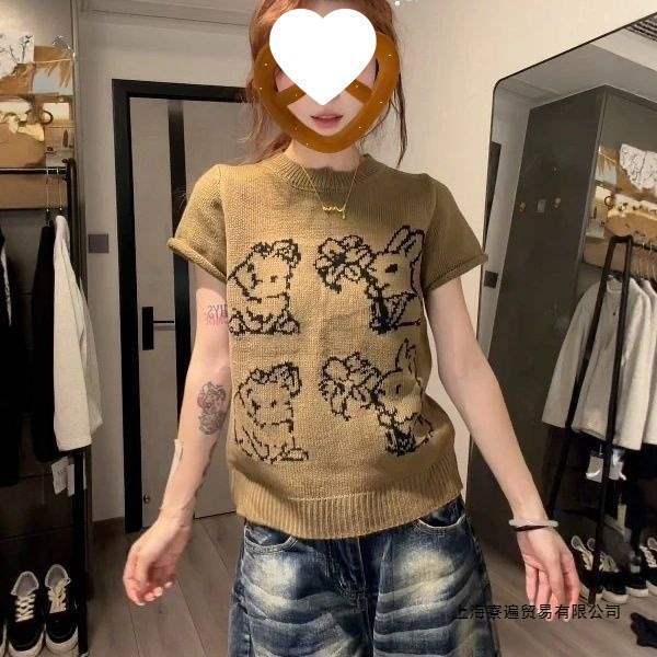 American Retro Rabbit Jacquard Knit Short-Sleeve T-Shirt 2026 Summer Fashion Versatile Casual Short Top Rayon