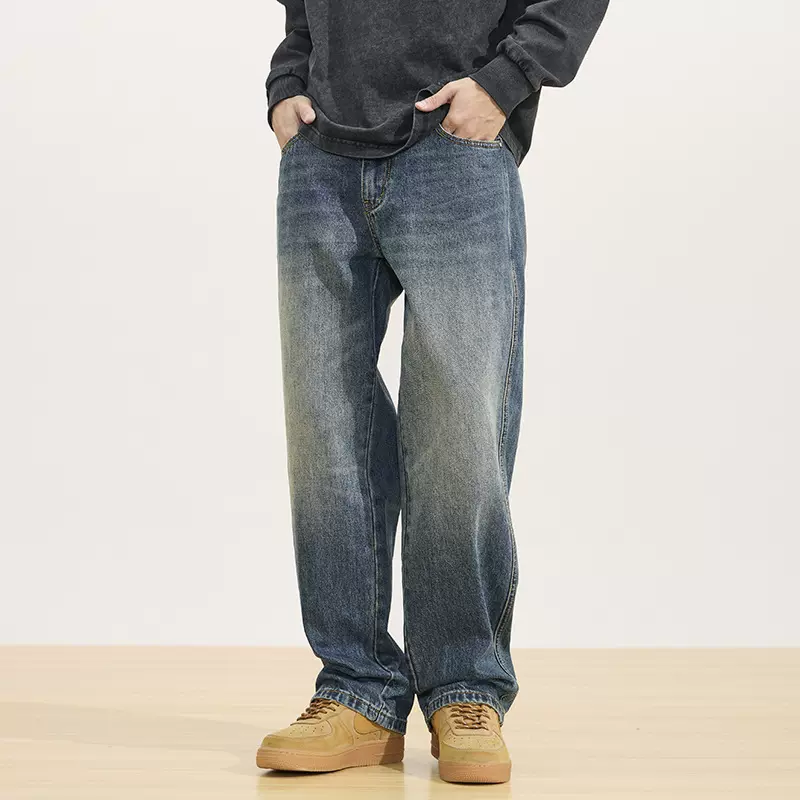 美式直筒牛仔裤男宽松大码阔腿松驰感休闲百搭水洗复古五袋款长裤