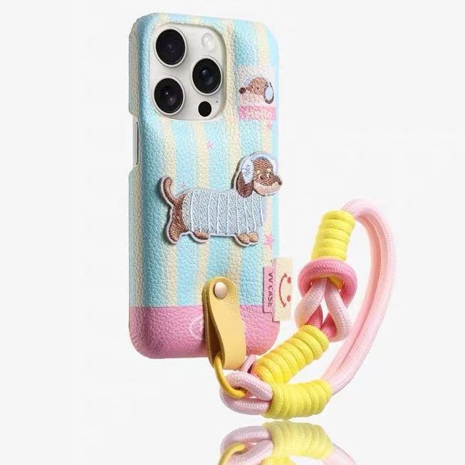 Bordado de dibujos animados cachorro color sólido lunares para 16ProMax bolsa de batería 15 funda para teléfono 13 Apple 14 pareja 15PM