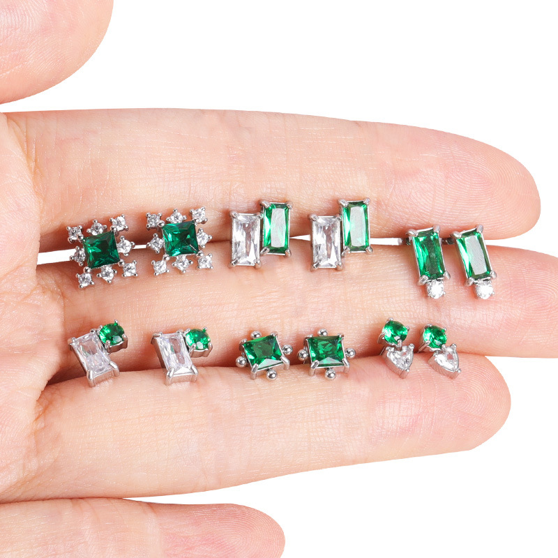 2022 New Emerald Diamond CZ Stainless Steel Earrings Fashion Ear Studs for Women Ear Bone Nail Titanium Steel Ear Pin detail image 12