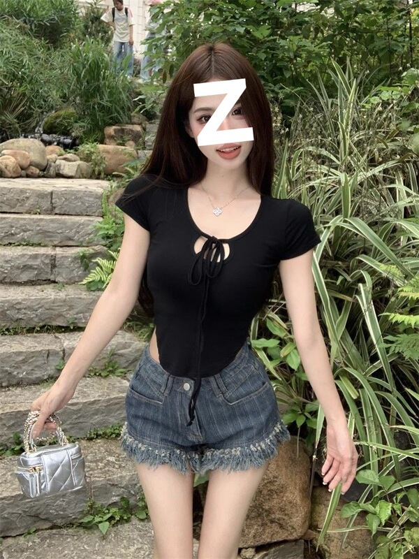 纯欲显胸辣妹绑带镂空紧身短袖正肩T恤女夏季显瘦不规则短款上衣|undefined