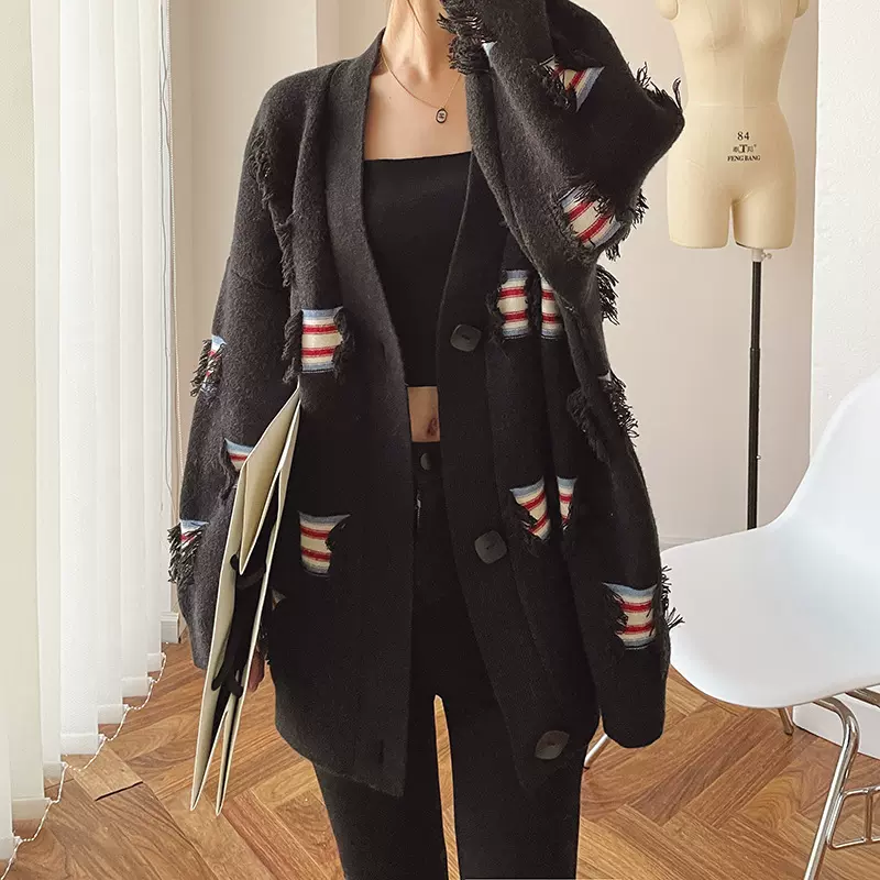 秋季高级感羊绒提花宽松拉毛流苏中古毛衣中长款v领长袖开衫上衣