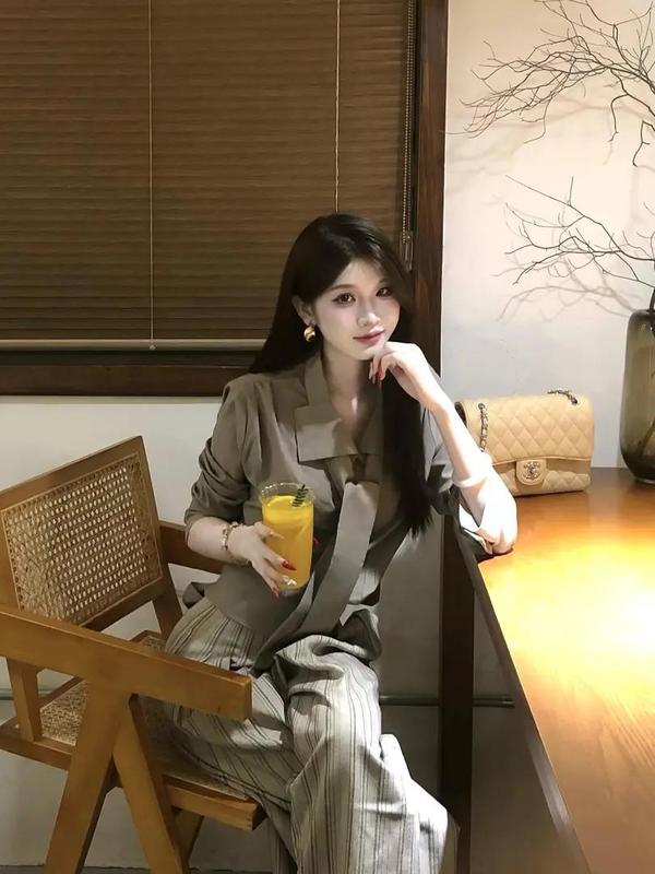 慵懒感宽松通勤百搭系带气质简约显瘦长袖衬衫女条纹阔腿裤套装|undefined
