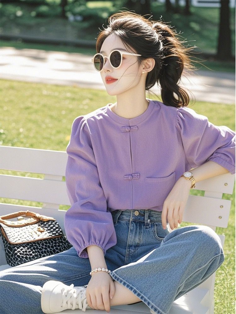 Áo sơ mi nữ tay dài cổ tròn phong cách Trung Hoa, khuy cài kiểu, dáng suông basic — màu tím