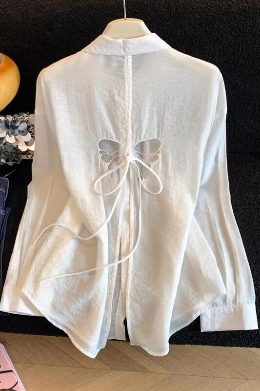 In-Stock Wholesale Summer Long-Sleeve Sun-Protective Shirt for Women, Thin Style with Butterfly Cutout on the Back, Tie-Up Design, Layered Wear Fashion Women's Clothing