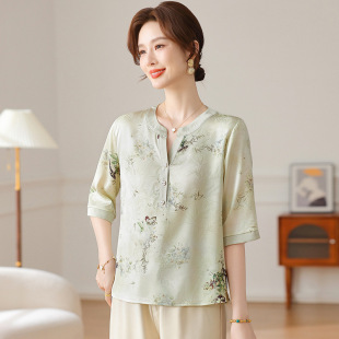 Mother's Day Summer Short-sleeved T-shirt Imitation Silk Pullover Small Shirt All-match T-shirt Middle-aged and Elderly Women's Summer Top Clothes