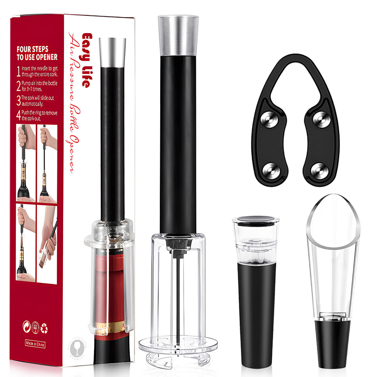 플라스틱 막대 알루미늄 헤드 검정색 4피스 공기압 병따개 세트, 색상 상자