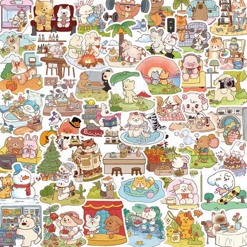 120 Small Animal Daily Life Stickers Cartoon Cute Mobile Phone Case Notebook Decoration Waterproof Stickers