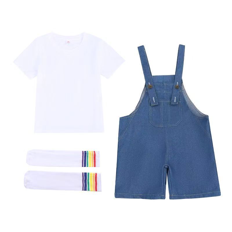 跨境现货儿童演出服合唱啦啦队牛仔背带裤批发幼儿园毕业照彩彩色|undefined