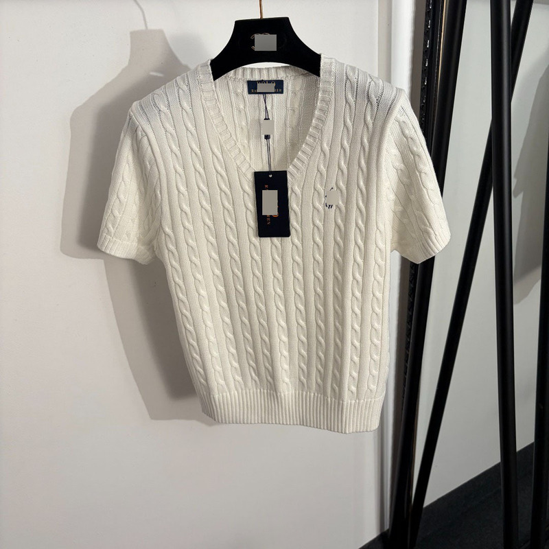 Nanyou High-End Foreign Trade Style Sweet Girl Style Women's New Polo Embroidered V-Neck Short Sleeve Cable Knit Sweater
