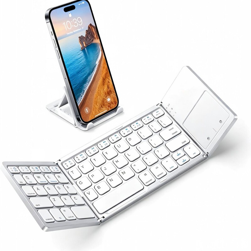 Portable wireless keyboard with stand, rechargeable, full-size, ultra-thin pocket folding keyboard suitable for mobile phones and tablets